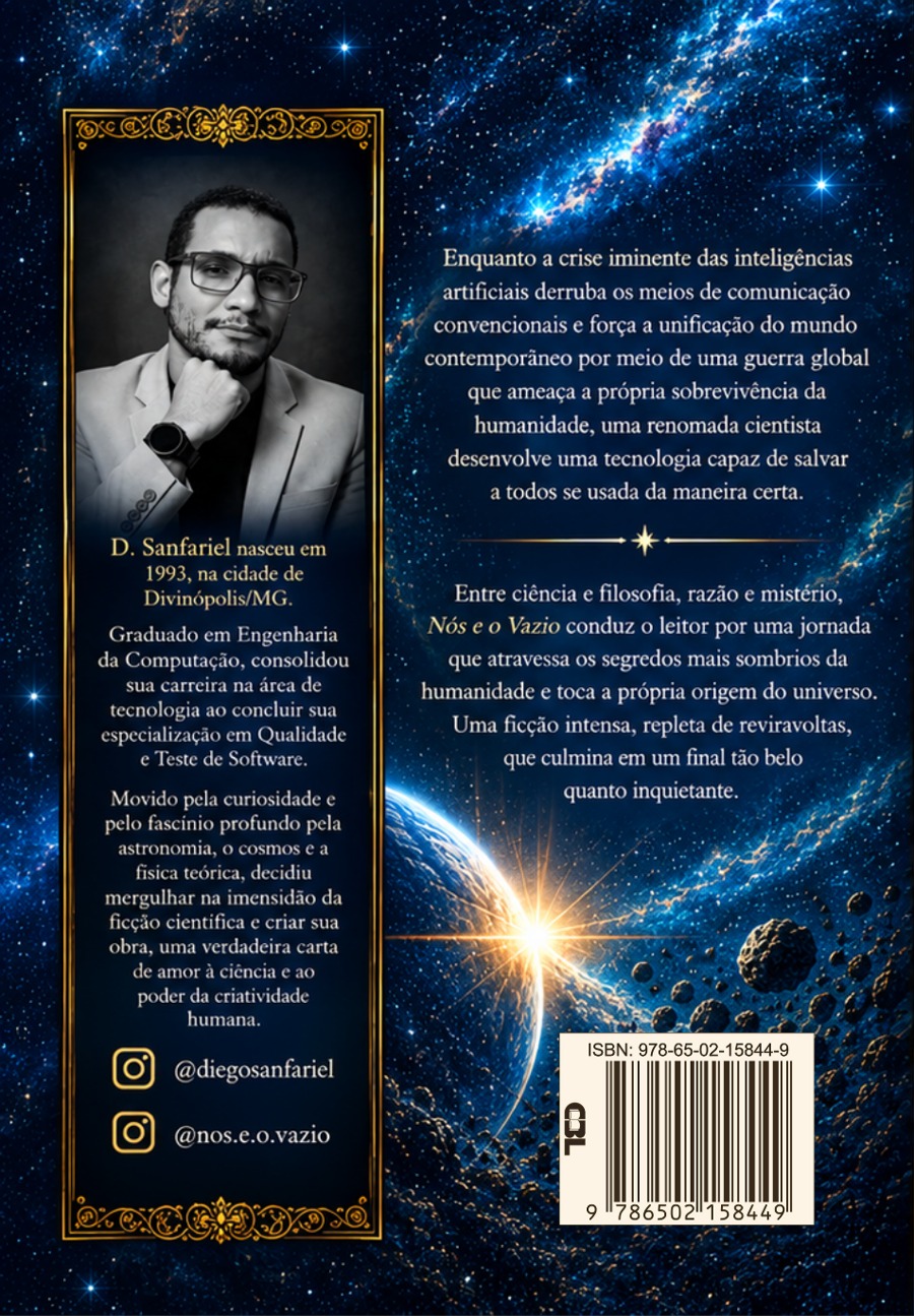 Contracapa de Nós e o Vazio, com a sinopse e a biografia de D. Sanfariel